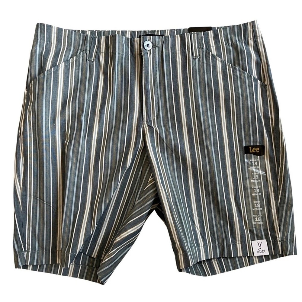 NEW! Lee Mens Regular Fit Mid Rise Bermuda Shorts Striped Blue Grey Size 18 M 9"